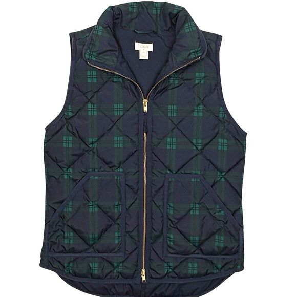 J.Crew Excursion Quilted Down Vest Blackwatch Plaid Holiday Puffer Gold Zip XS - Picture 1 of 14